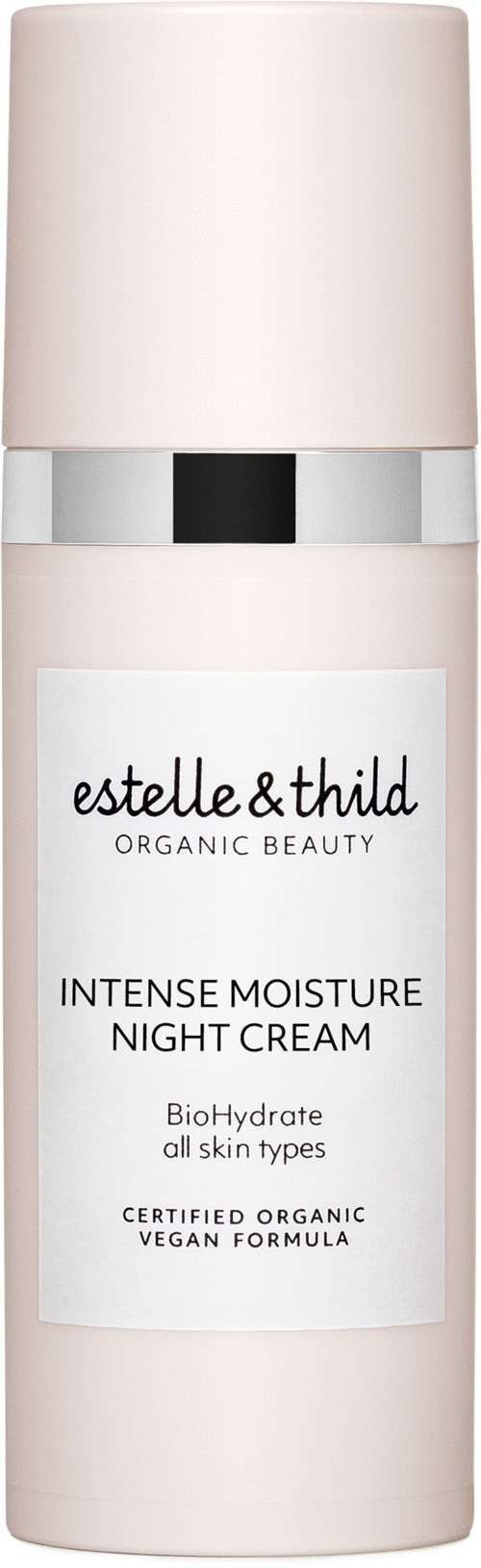 En ljusrosa flaska med nattkräm med vit etikett. Den står 'estelle & thild' och 'INTENSE MOISTURE NIGHT CREAM'.
