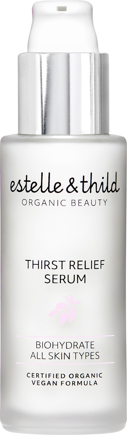 A white bottle with a silver cap, labeled 'estelle & thild', contains Thirst Relief Serum for all skin types.
