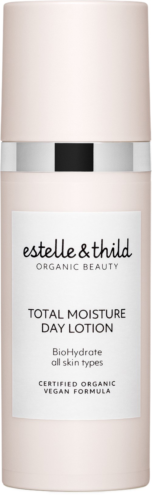 Een cilindervormige fles van Estelle & Thild organische dagcrème met lichtroze dop en witte label.