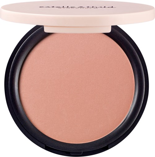 En liten burk med ljusrosa blush inuti och ett vitt lock som är delvis öppet.