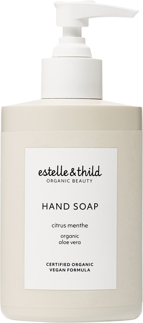 Eine weiße Pumpflasche mit Etikett für Handseife, erwähnt Zitronenduft, Bio-Aloe Vera, zertifiziert biologisch und vegan.
