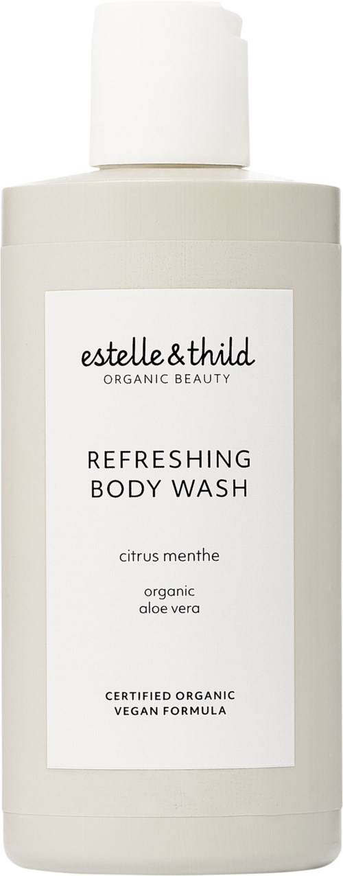 Een witte fles lichaamswas die 'Refreshing Body Wash' heet met citroenmunt en aloë vera, gecertificeerd biologisch en veganistisch.