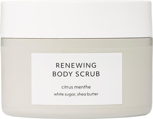 Een potje lichaamsscrub genaamd 'Renewing Body Scrub' met citrus Menthe geur, bevat witte suiker en sheabutter.