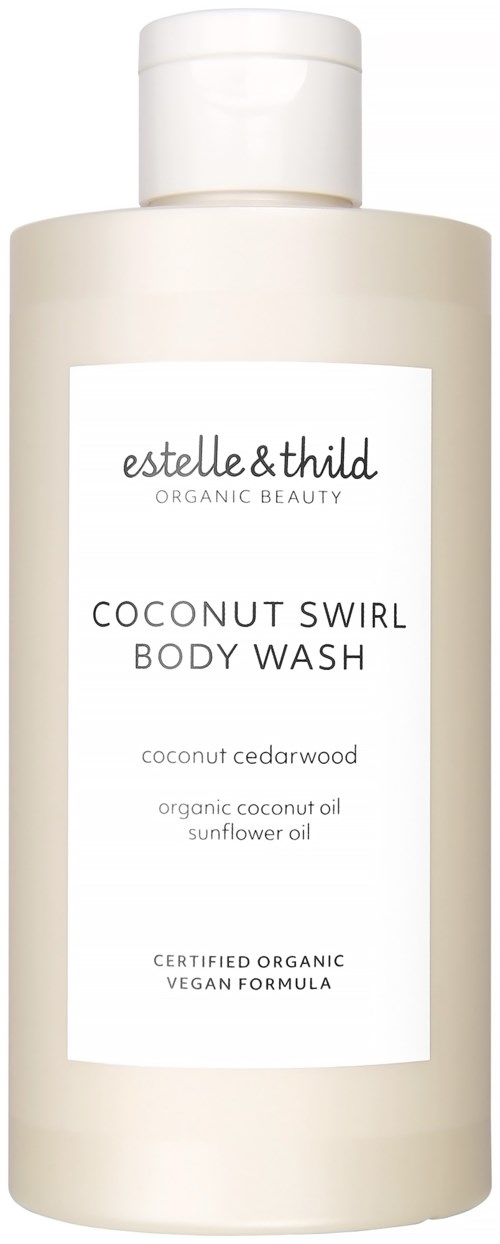 En vit flaska med kroppstvål som heter 'Coconut Swirl Body Wash' av estelle & thild.