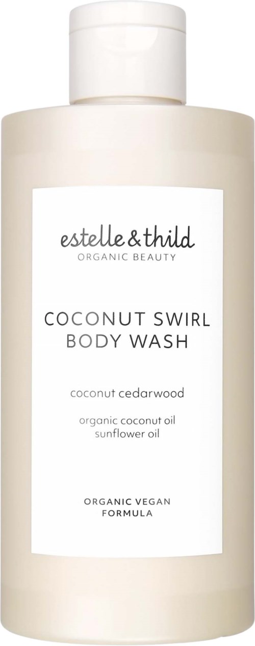 Een witte flesje van Estelle & Thild Coconut Swirl Body Wash met een witte dop en label. Het vermeldt biologische ingrediënten.