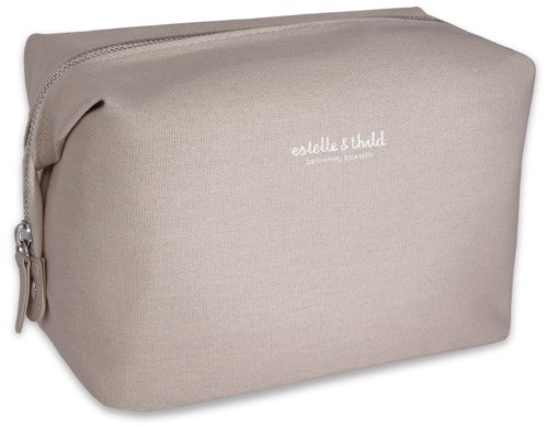 A beige fabric pouch with a zipper, small size, branded 'estelle thild' in white text.