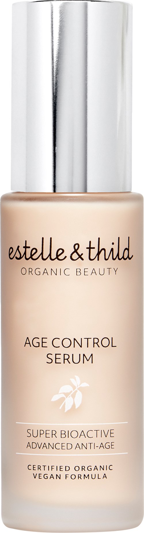 Eine beige Flasche mit silberner Kappe, gekennzeichnet als 'Estelle & Thild Organic Beauty Age Control Serum'.
