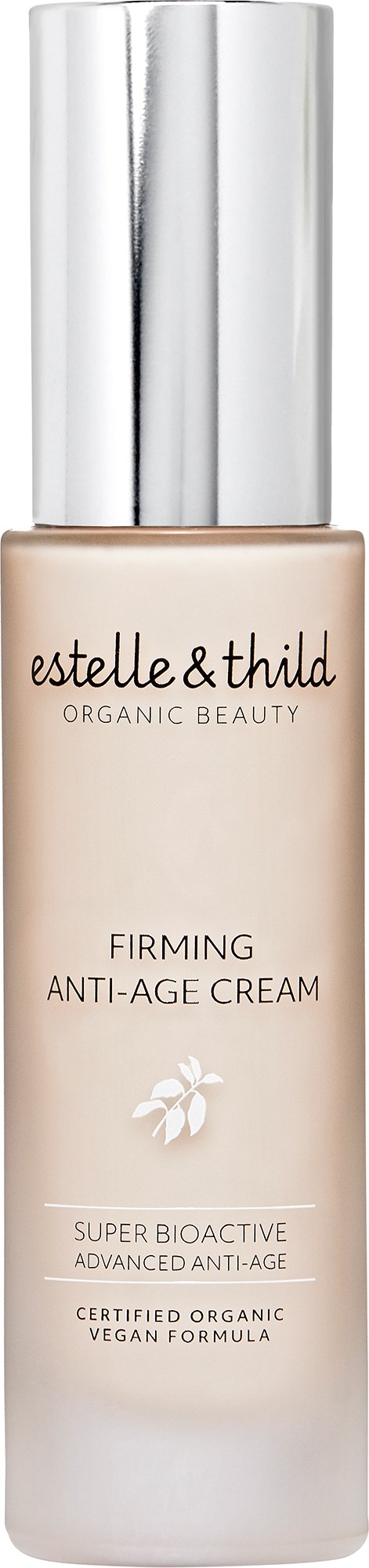 Flesje van Estelle & Thild verstevigende anti-age crème met zilveren dop en eenvoudig ontwerp.