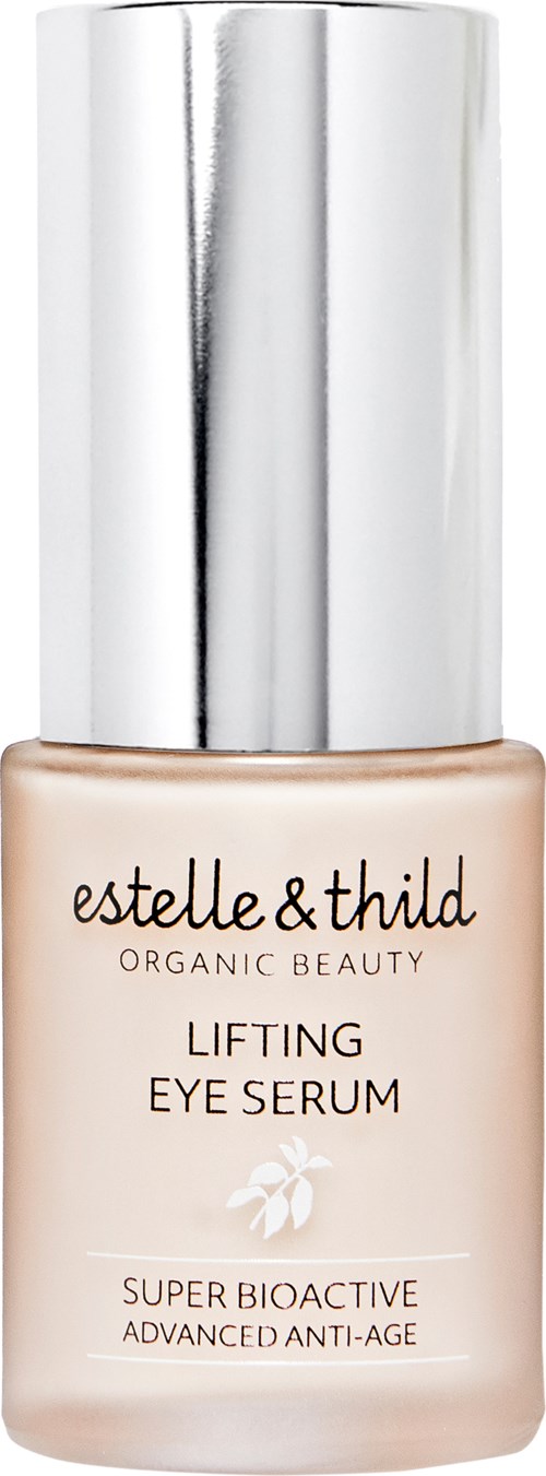Eine Flasche Estelle & Thild Lifting Eye Serum mit silberner Kappe und Markenname.