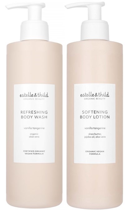 Two skincare bottles labeled Refreshing Body Wash and Softening Body Lotion, both with pump dispensers and plain beige bottles.