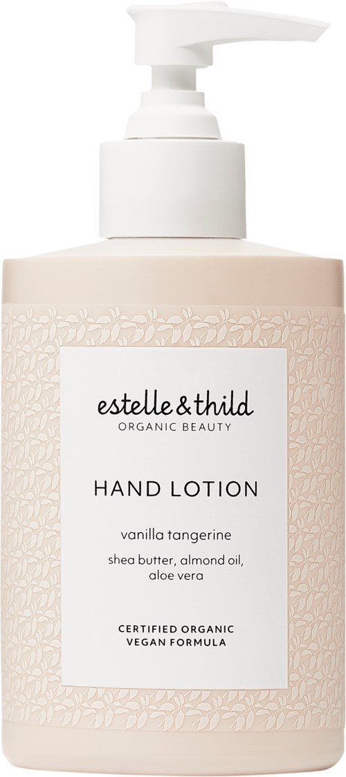En beige flaska med vit pump, märkt 'Hand Lotion' med doft av vanilj clementin, ekologisk och vegansk.
