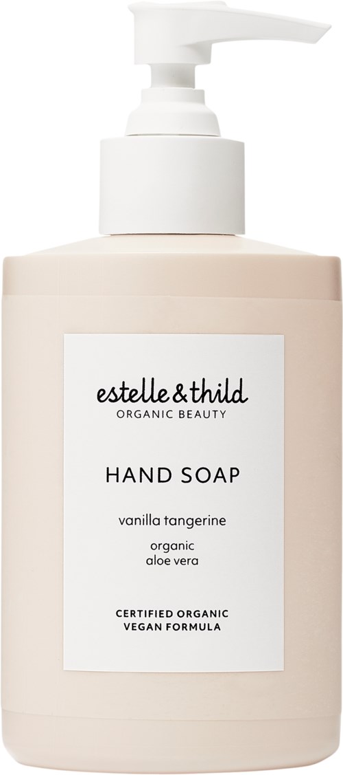 Een beige fles handzeep met een witte pomp en etiket met productgegevens en biologische ingrediënten.