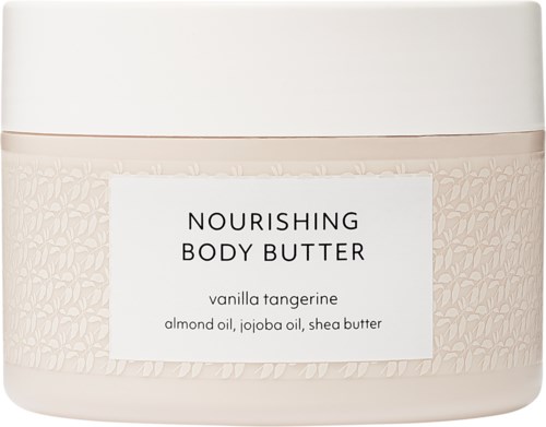 Ein runder Behälter mit nährender Körperbutter im Vanilje-Mandarin-Duft mit Mandel-, Jojobaöl und Sheabutter.