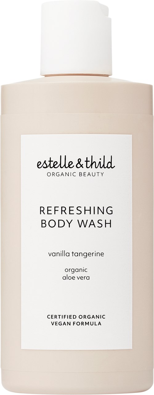 Een beige fles met witte dop en etiket, met de merknaam Estelle & Thild en productnaam Refreshing Body Wash.