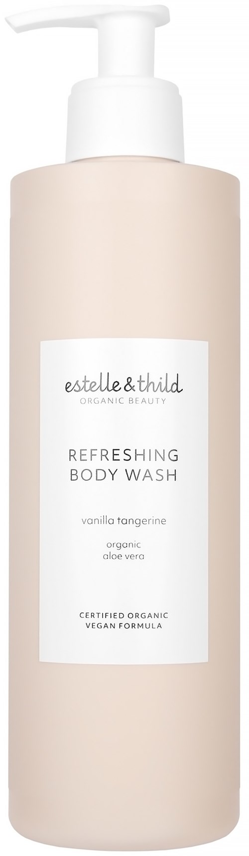 Een beige fles met een witte pomp bevat verfrissende lichaamswas met vanille-tangerine geur, gelabeld als biologisch en veganistisch.