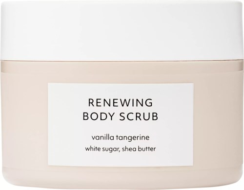 Ein Behälter mit Body Scrub mit Vanille- Mandarinen-Duft, enthält weißen Zucker und Shea Butter.