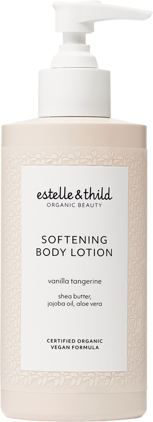 A beige bottle with a pump, labeled "Softening Body Lotion" with ingredients vanilla tangerine, shea butter, jojoba oil, and aloe vera.