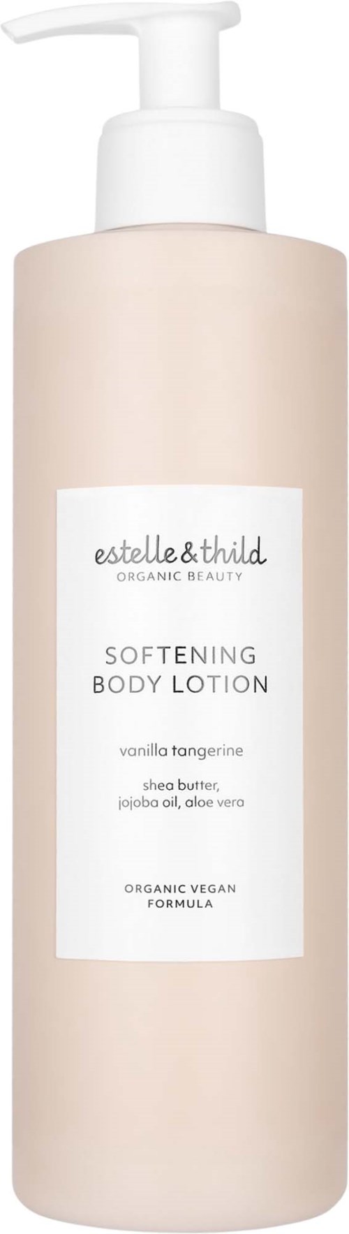 Een lange beige fles met witte pomp, gelabeld verzachtende bodylotion met vanillemandarijntje geur.