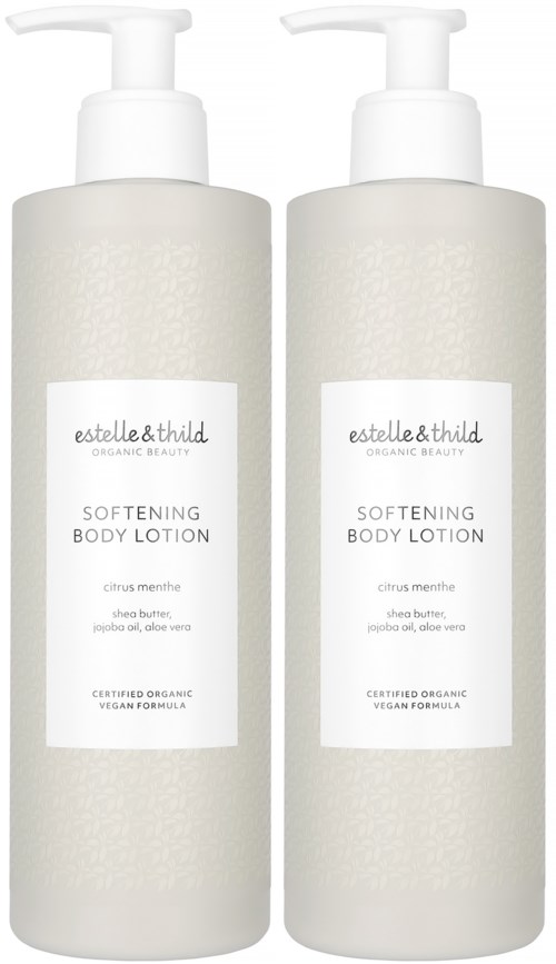 Twee flesjes verzachtende lichaamslotion met label 'estelle&thild' met citrusmuntgeur en biologische ingrediënten.
