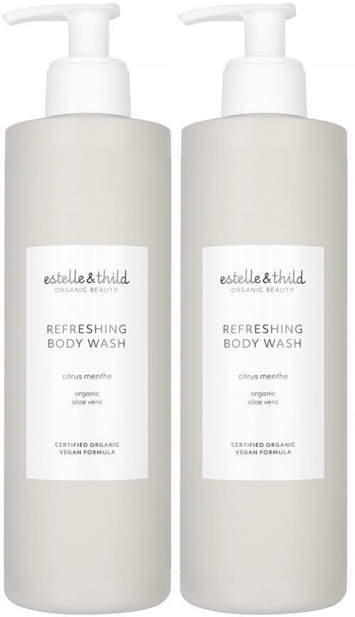 Zwei weiße Flaschen mit Duschgel mit Etikett 'Estelle & Thild' und 'Refreshing Body Wash' mit Zitrus-Minz-Duft.