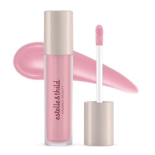 Pink lip gloss tube with a beige cap and applicator, and a pink lip gloss smear background.