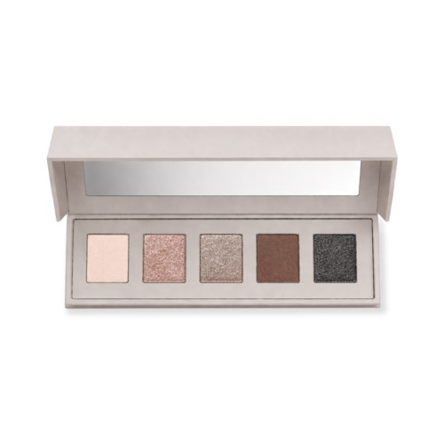 Eyeshadow palette with five neutral and dark shades in a sleek white case.