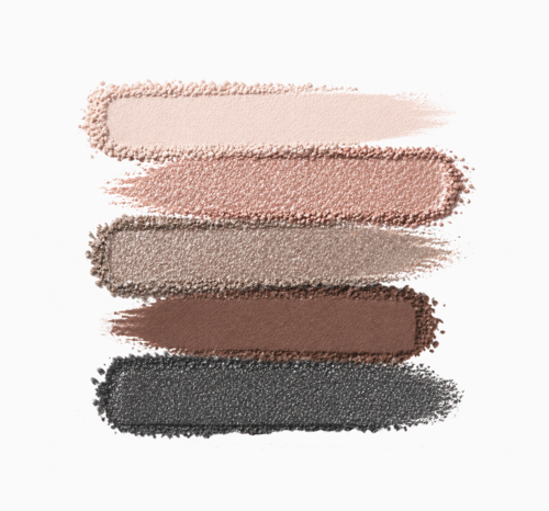 Five swatches of eyeshadow in light pink, peach, taupe, brown, and dark gray colors.