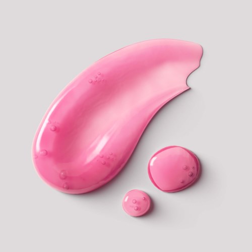 Pink hudvårds- eller skönhetsprodukter i olika storlekar på en ljusgrå bakgrund.