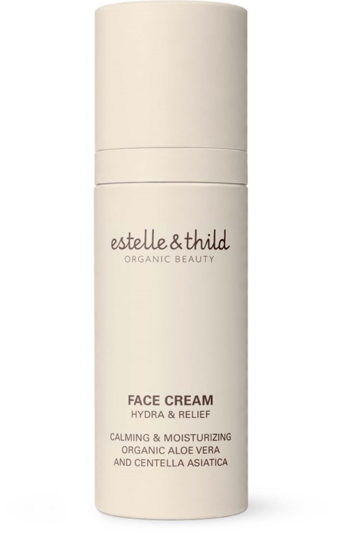 Krämrör märkt estelle&thild ekologisk ansiktskräm för fukt och lindring med aloe vera och centella asiatica.