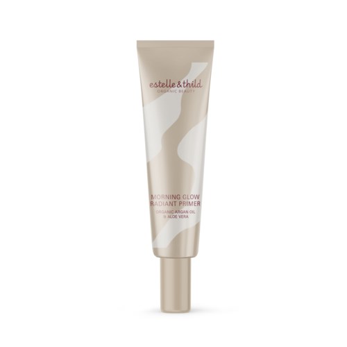 A beige and white tube of Estelle & Thild Morning Glow Radiant Primer with a silver cap.