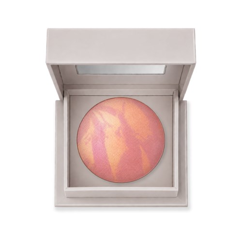 Marbled pink and gold powder blush inside a white compact with mirror.