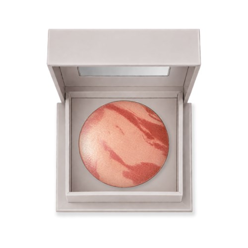 Makeup blush with pink and orange swirls in a white compact.
