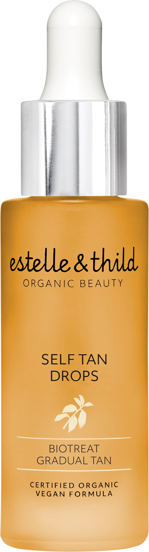 Een kleine fles met zelfbruiningsdruppels met pipetdop, gelabeld 'estelle&thild' en 'Organic Beauty'.