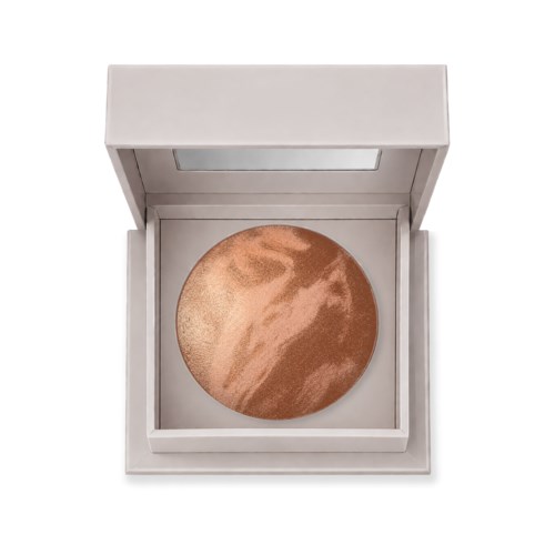 Marbled bronze and beige blush within a round compact in a white box.