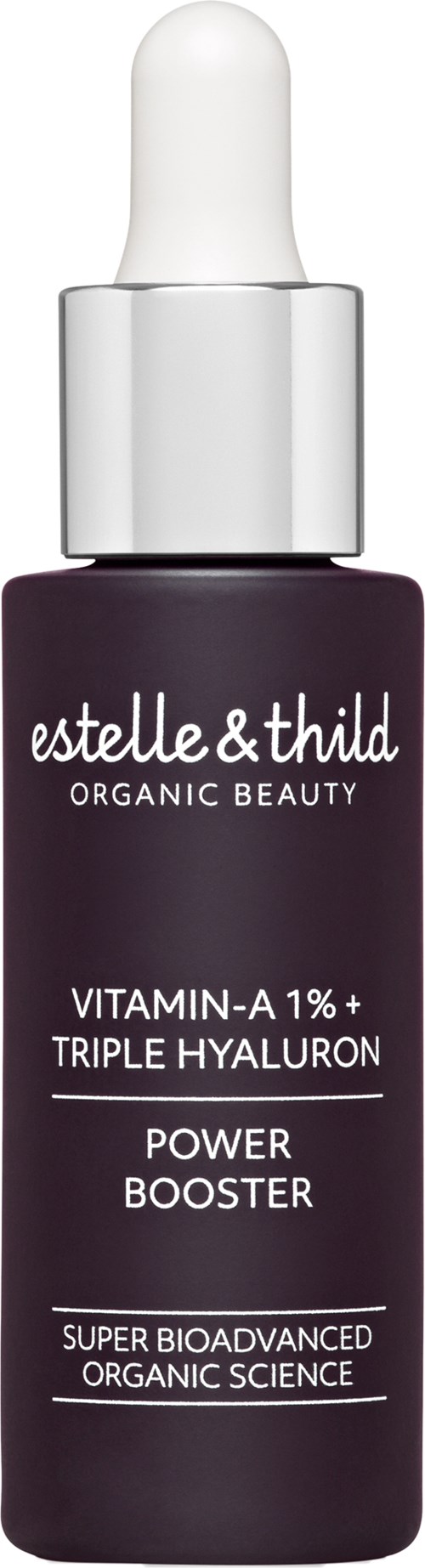 Dunkellila Flasche mit Tropfer, Beschriftung sagt Estelle & Thild, Vitamin A, Triple Hyaluronic, Power Booster.