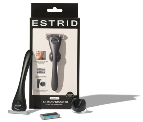 A razor starter kit with a razor, cover, extra blades, and packaging with brand and product details.