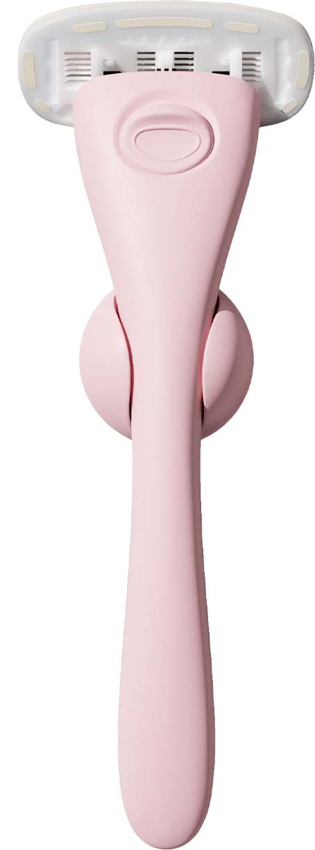 A pink electric shaver with a white head and a long handle, designed for shaving hair.