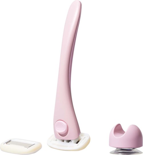 A pink vacuum cleaner with a sleek, curved design and a base for attachment or storage.