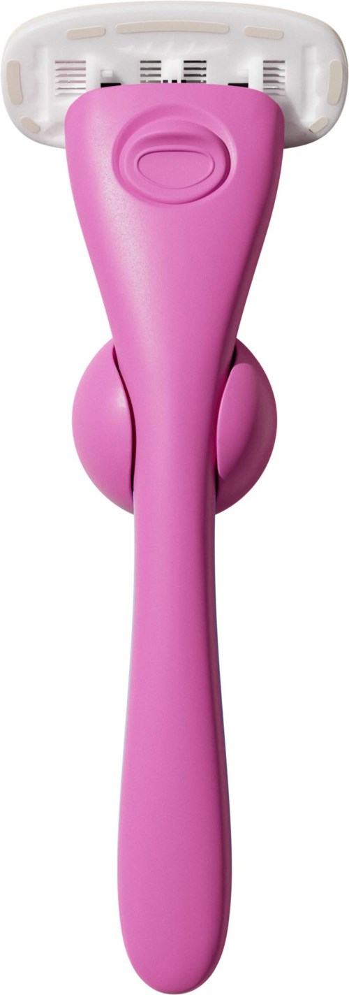 En rosa rakapparat med ett vitt huvud och flera blad.