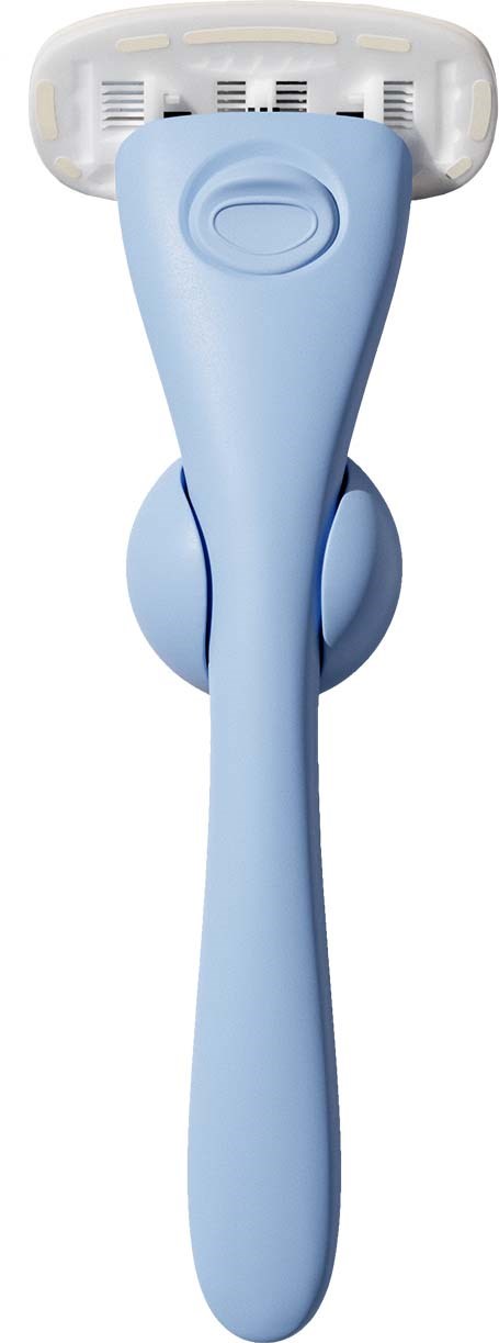 A blue razor with a white head and a large, round button on the handle.