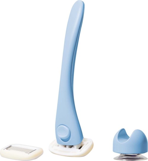 A blue plastic object with a long, curved shape and a button, likely a vacuum cleaner or vacuum attachment.