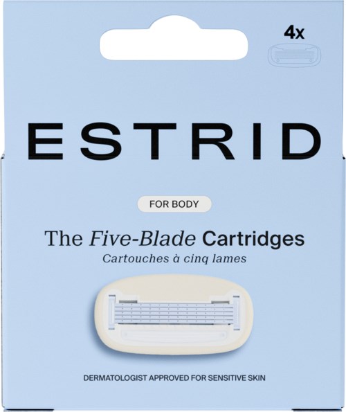 Light blue box with black and white text, showing four razor cartridges for sensitive skin.