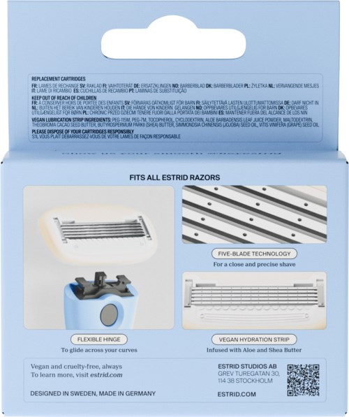 A box of razor cartridges compatible with Estrid razors, featuring images of blades, a flexible hinge, and a hydration strip.