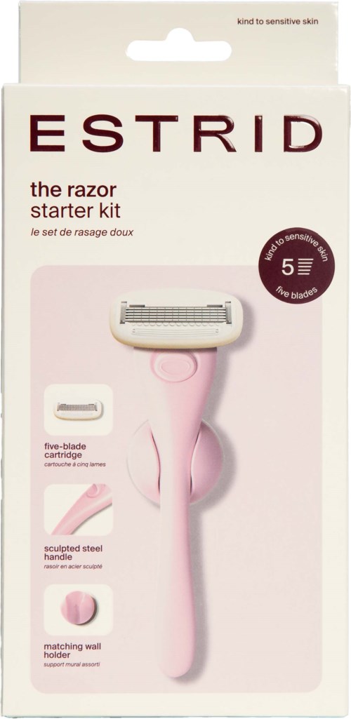Pink razor kit with five blades, handle, and wall holder, designed for sensitive skin.