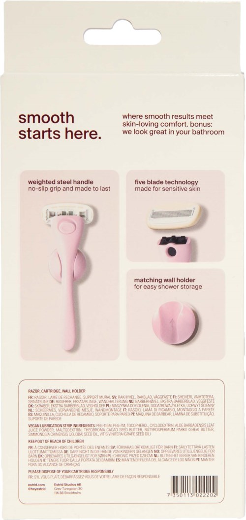 This is a bathroom grooming kit with a pink handle razor, a small blade, a wall holder, and a soap.