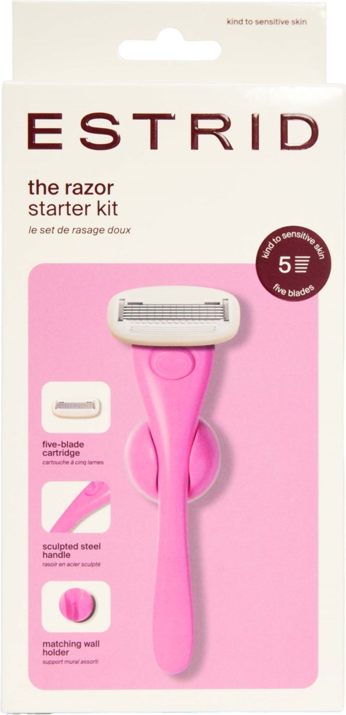 A pink razor starter kit with a handle, five blades, a holder, and replacement blades for sensitive skin.