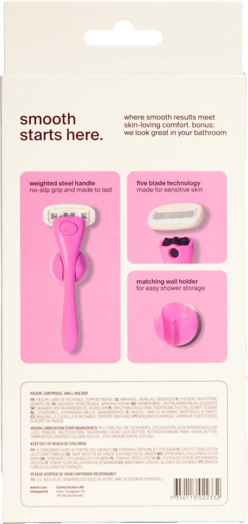 A pink bathroom tool set with a weighted steel handle, a five blade razor, and a matching wall holder.
