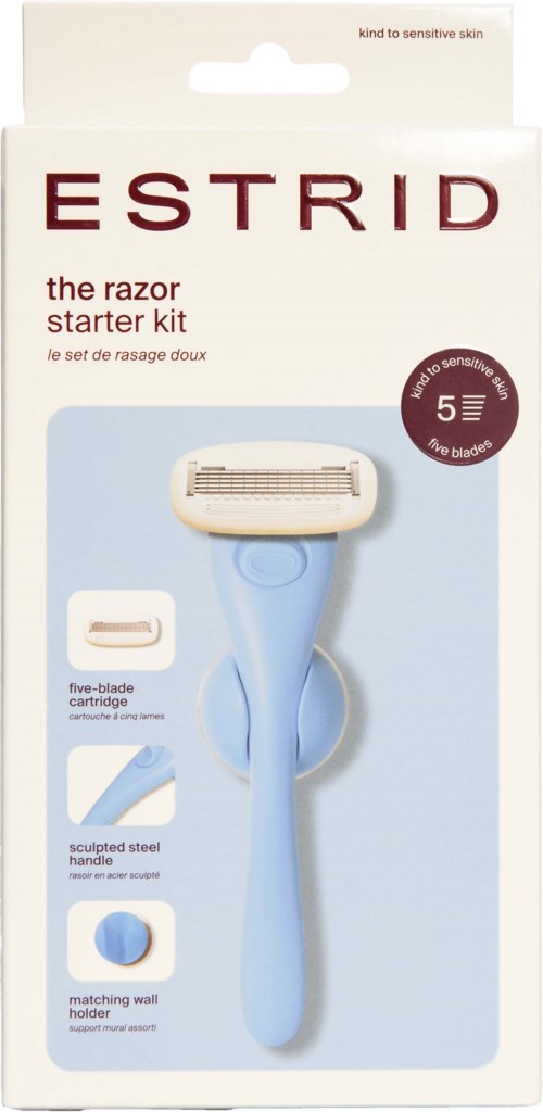 A blue razor starter kit: razor, five-blade cartridge, steel handle, wall holder.