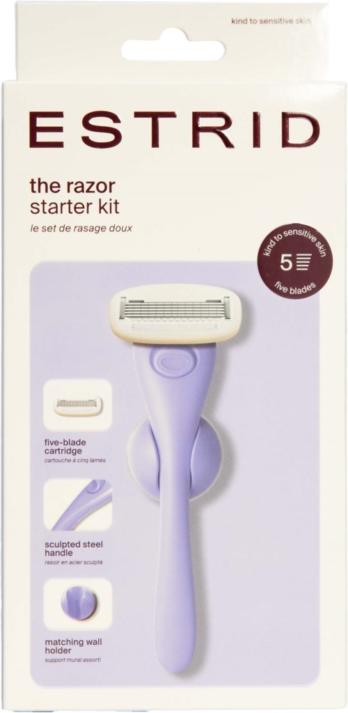 Hair removal razor kit with five blades, a steel handle, a wall holder, and a purple handle.