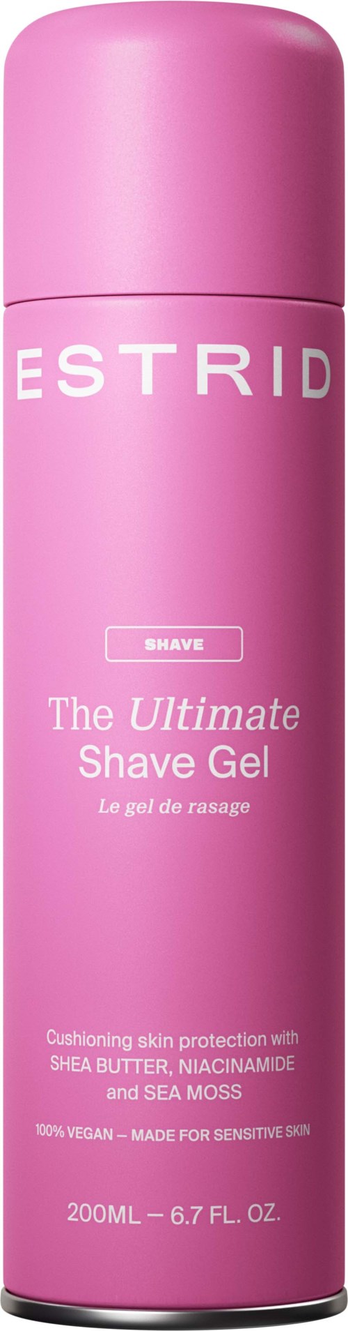 Pinkki tölkki ESTRID The Ultimate Shave Gel, tarkoitettu herkkäihoisille, sisältää sheavoita, niacinamidea ja merilevää.